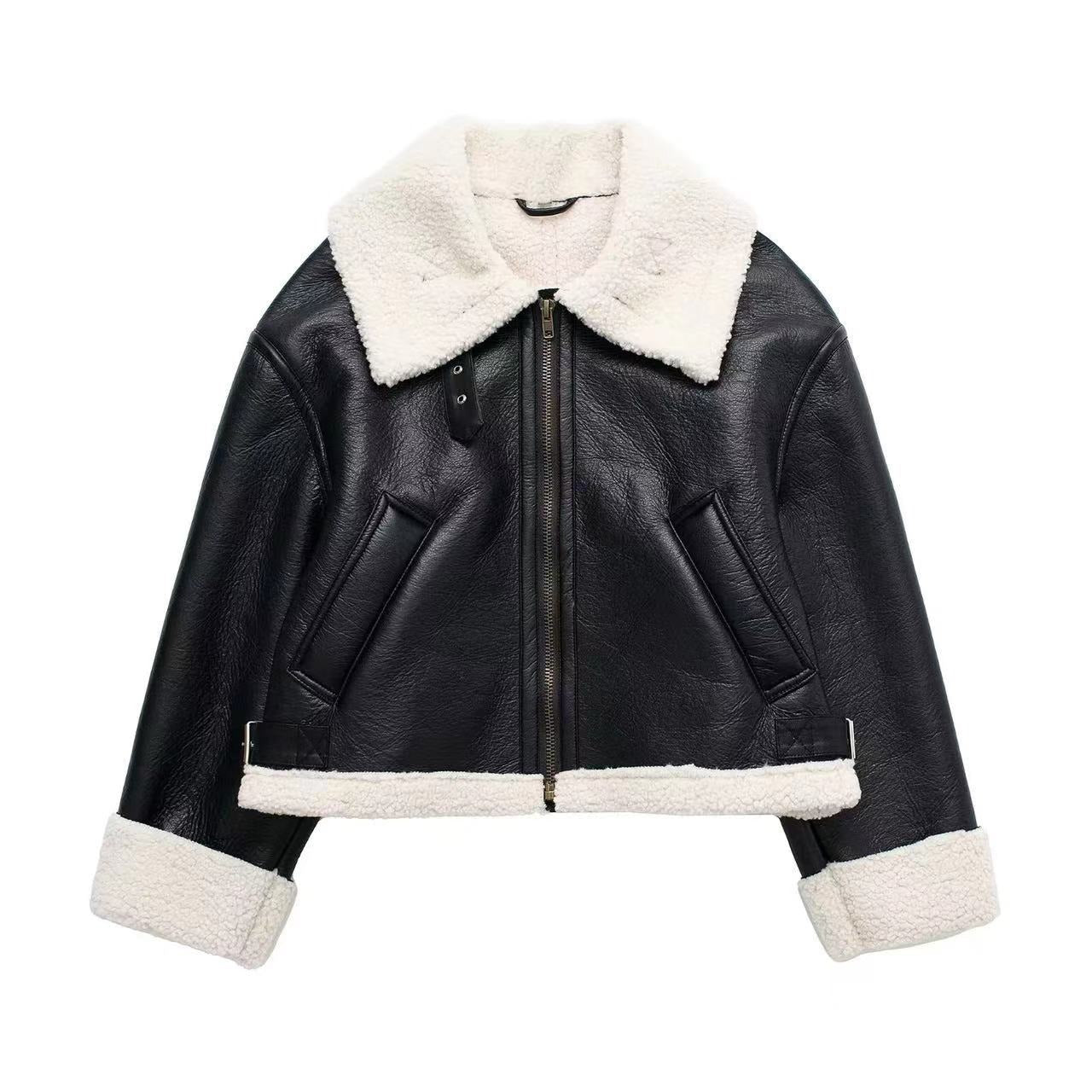 Ladies Retro fur double-sided short motorcycle thick jacket - Pleasures and Sins   Pleasures and Sins