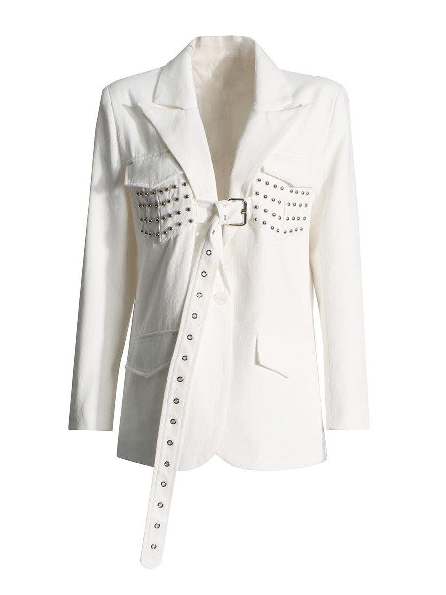 New Design White Long Sleeve Suit Coat for Women with rivet detail and belt - Pleasures and Sins   Pleasures and Sins