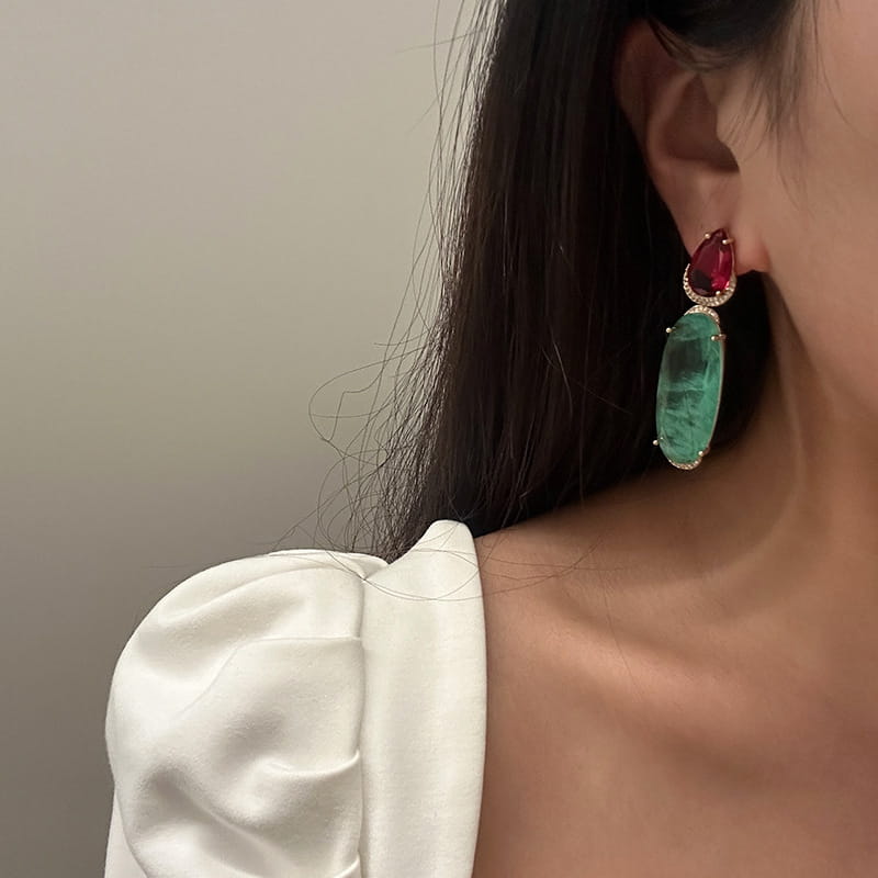 Boucles d'oreilles de style forestier à diamants colorés Géométrie rétro française