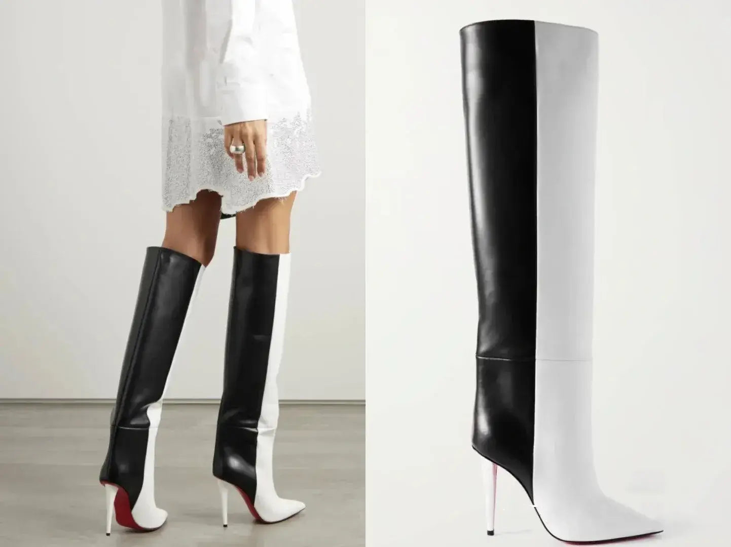 Womens Two Tone Slim High Heel Pointed Toe Knee Length Boots