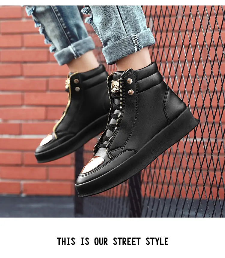 Black leather high-top sneakers with studs and zippers for casual street vibes.