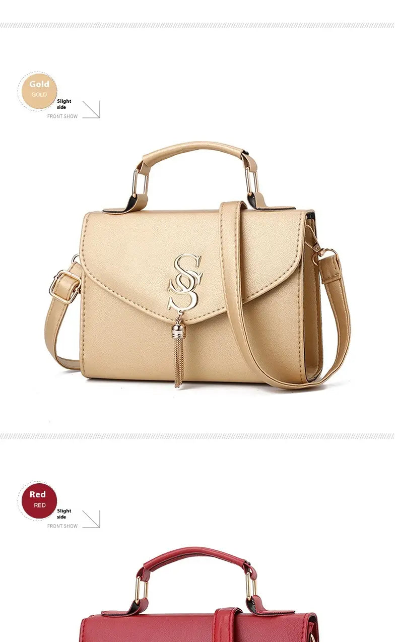 Beige leather handbag with charm and flap, perfect fashion shoulder messenger style.