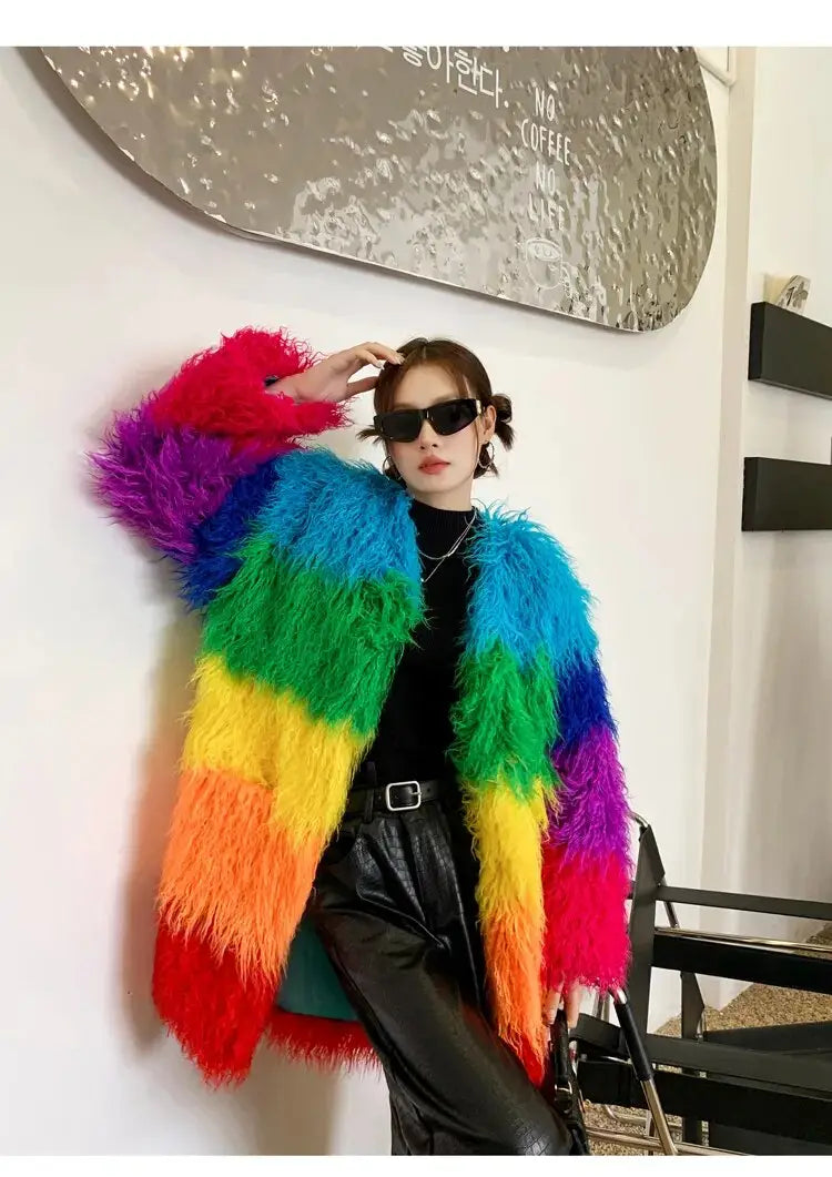 Winter Faux Fur Coat Shaggy Rainbow Outerwear