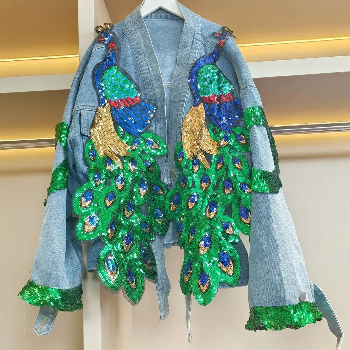 Womens V-neck 3D Peacock Sequined Embroidered Denim Jacket