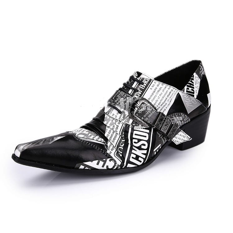 Stylish Black and White Newspaper Print Leather Buckle Shoes inspired by Michael Jackson