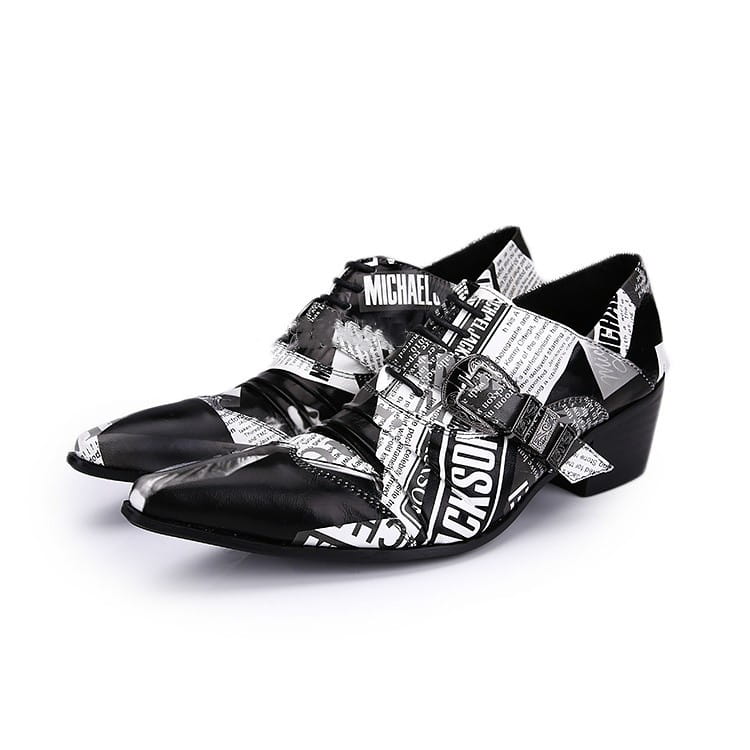 Black and white newspaper print leather shoes inspired by Michael Jackson’s style.