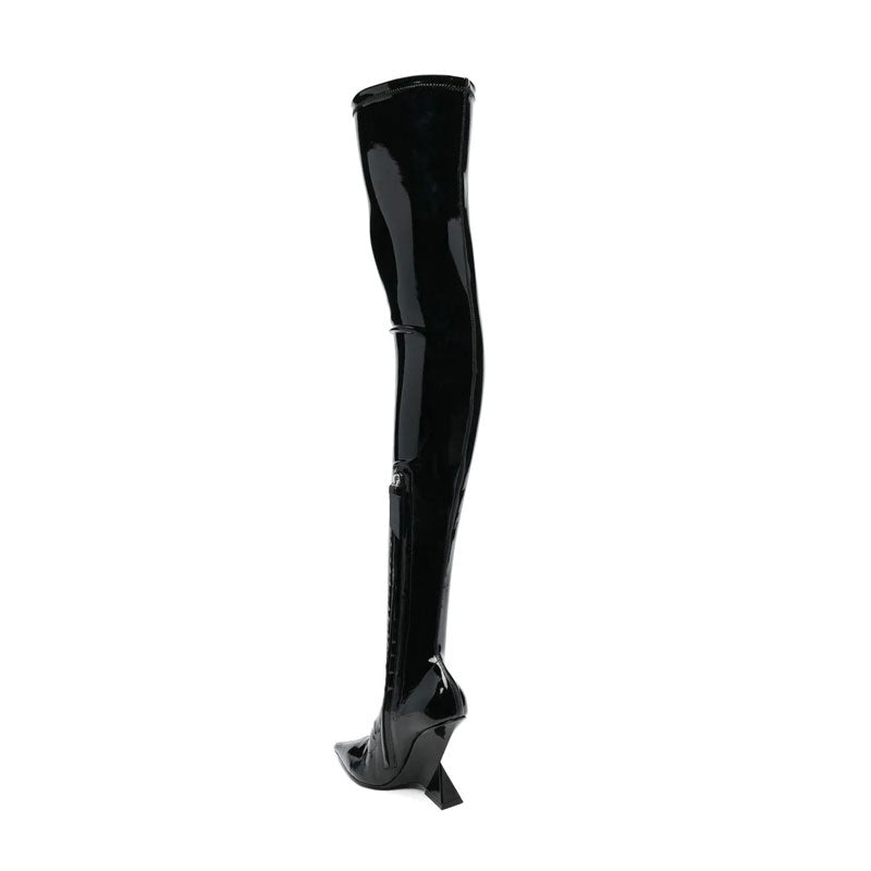 New Women's High Heel Pointed Toe Side Zip Sexy Slim Patent Dominatrix Thigh Boots