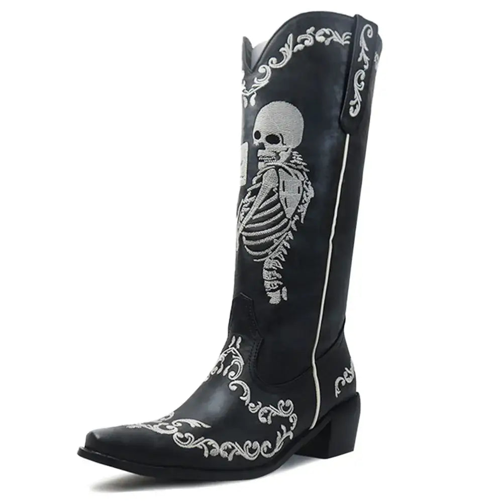 Bottes de cowgirl à talons hauts pour femmes à mi-mollet et à talons courts Skull