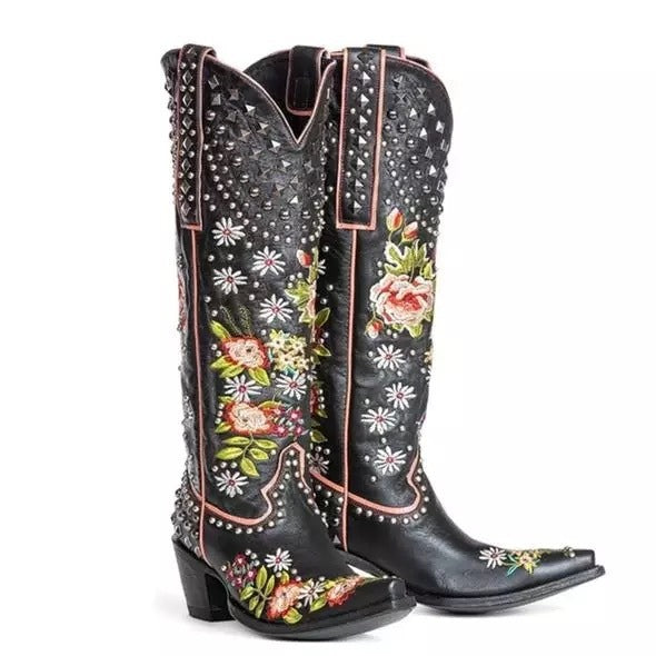 Pointed toe women's ethnic style embroidered studded thick heel boots