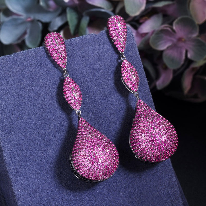 Micropaved zirconia three-color full diamond long elegant earrings - Pleasures and Sins   Pleasures and Sins