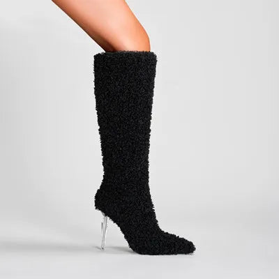 Women's Imitation Wool Knee High Pointed Toe Boots Crystal Transparent Heel - Pleasures and Sins   Pleasures and Sins