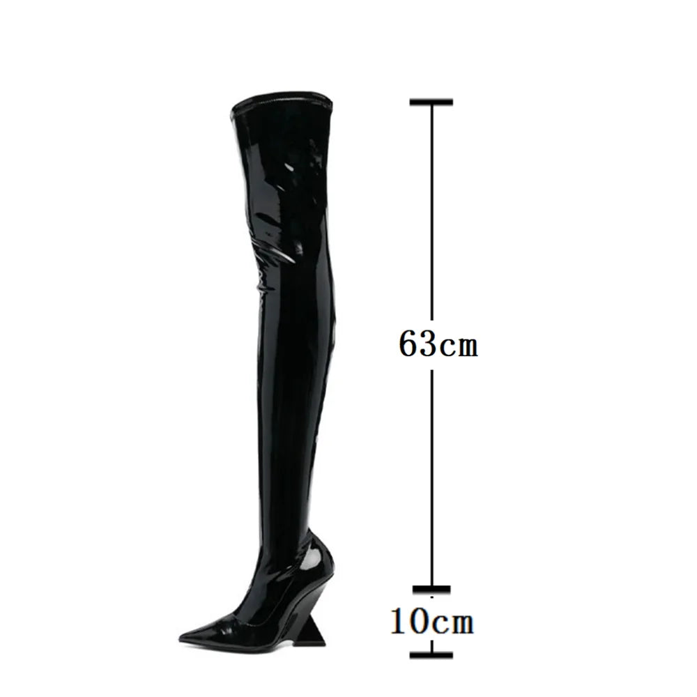 Neue Damen-Stiefel mit hohem Absatz und spitzer Zehenpartie sowie seitlichem Reißverschluss, sexy, schmale Lack-Dominatrix-Stiefel