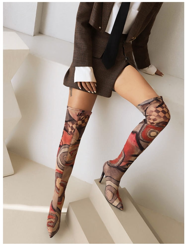 Plus Size Art Graffiti Over Knee Boots Pointed Toe