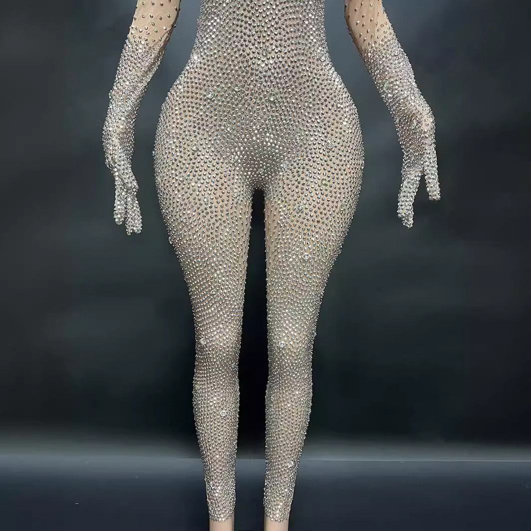 Round neck long sleeved skin tight Rhinestone jumpsuit with gloves - Pleasures and Sins   Pleasures and Sins