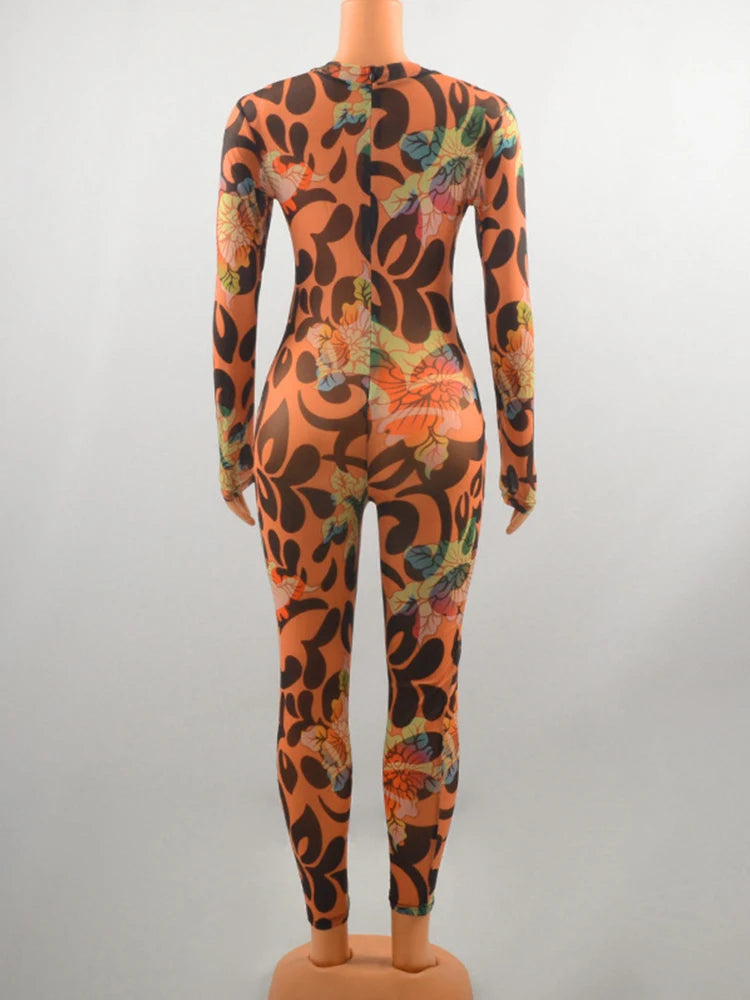 Long sleeved 3D cde printed multi-color patterned Bodycon jumpsuit - Pleasures and Sins   Pleasures and Sins