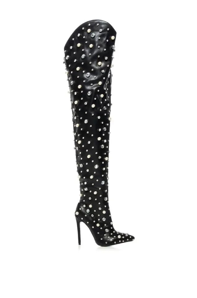 Black Polka Dot Stiletto Rhinestone Encrusted Thigh High Boots for Women