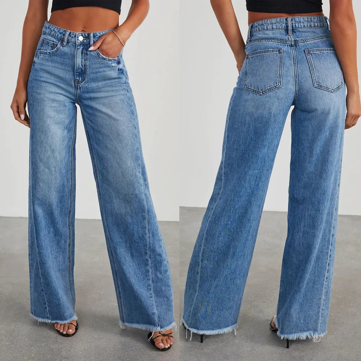 Ladies Loose Wide Leg Brushed Hem Denim Jeans for Comfy