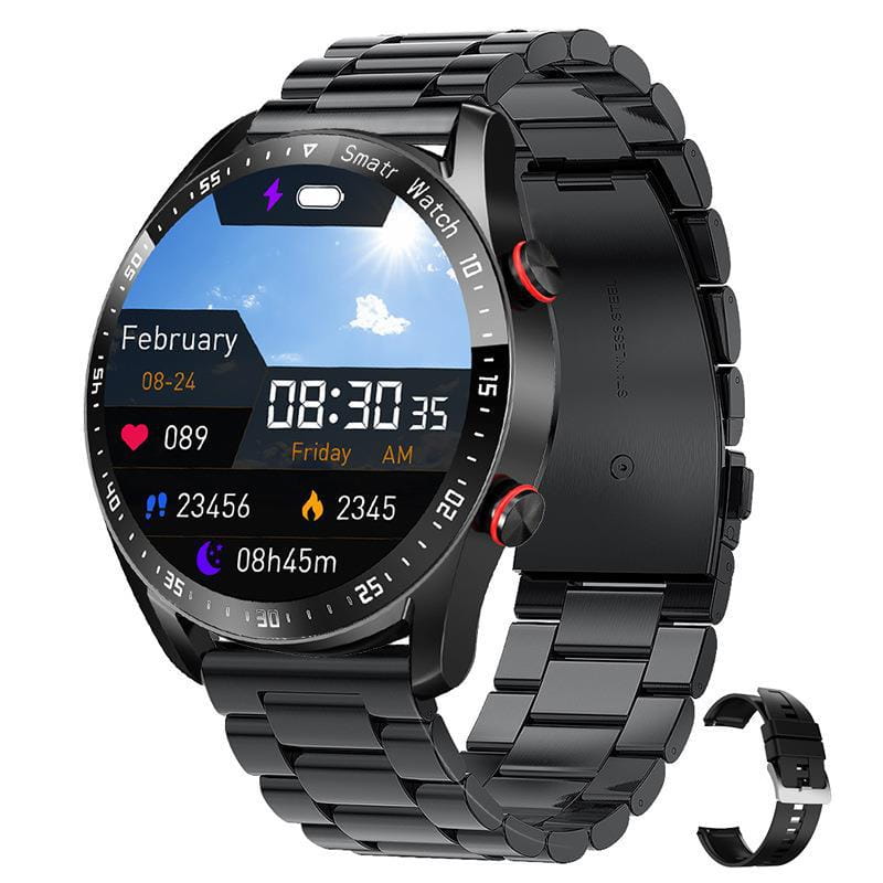 Black metal smart watch ECG PPG with a stainless steel large screen and Bluetooth.