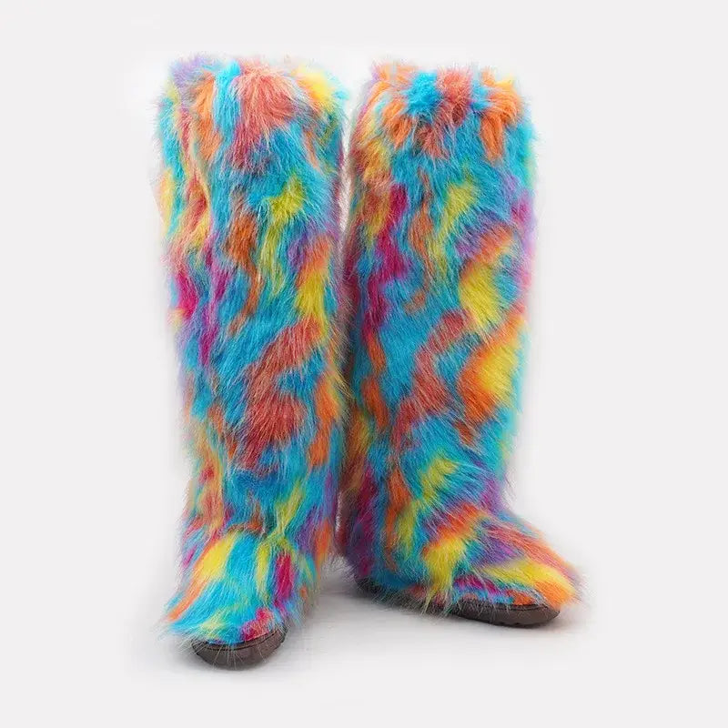 Colorful furry Vibrant Fluffy Snow Boots for Women in knee high plush style.