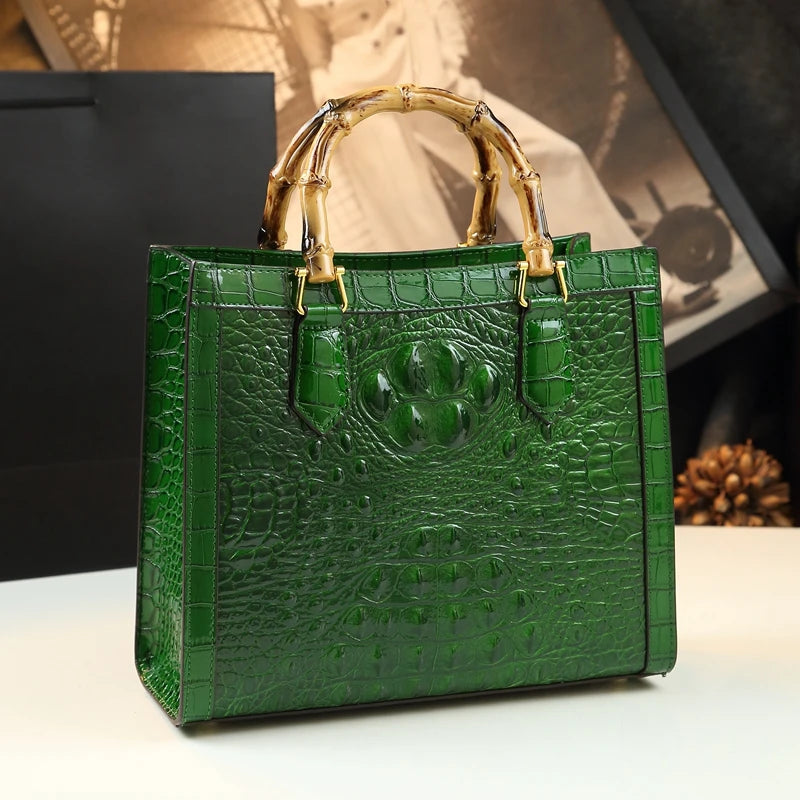 Genuine Leather Bamboo Handle Crocodile Pattern Ladies Handbag - Pleasures and Sins   Pleasures and Sins