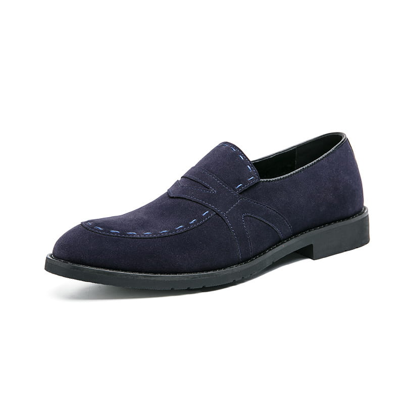 Navy blue suede penny loafer with black sole, perfect for pointed toe casual style.