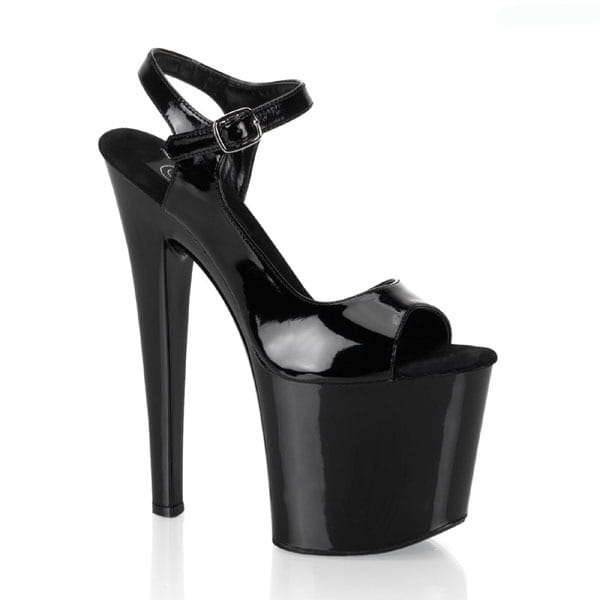 Black patent leather platform stiletto sandals with ankle strap, perfect high heel open toe style.