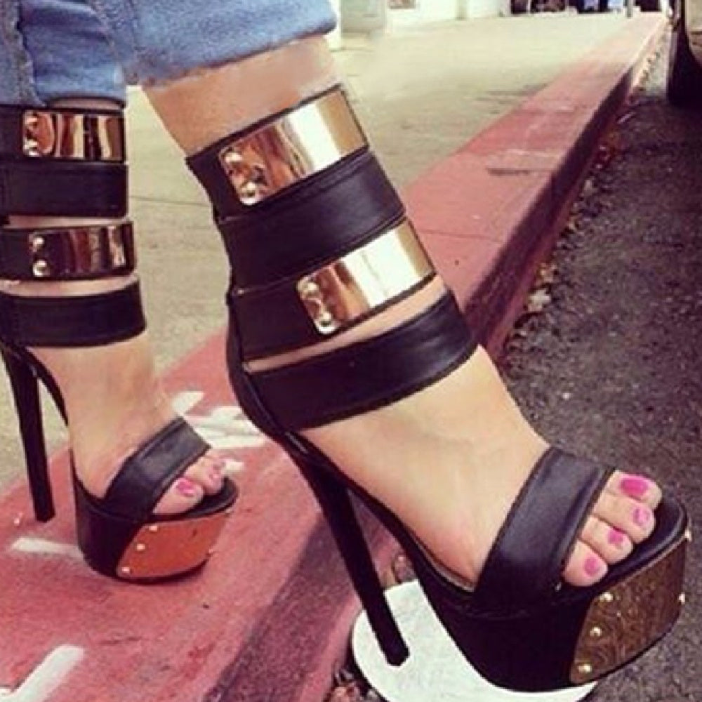 Ladies Open Toe Metal Detail Studded Platform Heel Shoes - Pleasures and Sins   Pleasures and Sins