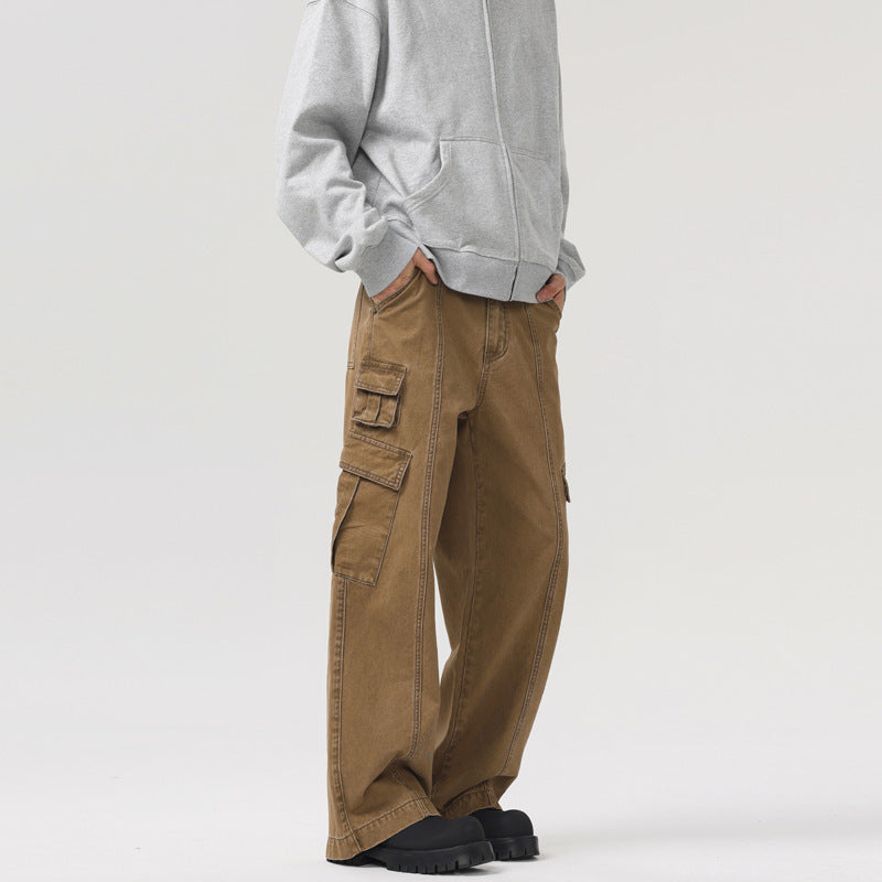 Mens Washed-out Vintage Multi-pocket Wide Leg Patchwork Cargo Pants