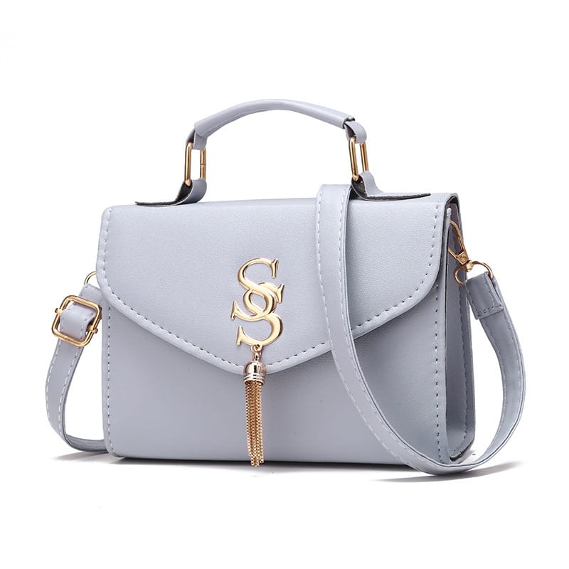 Light gray fashion shoulder messenger handbag with gold tassel and hardware details