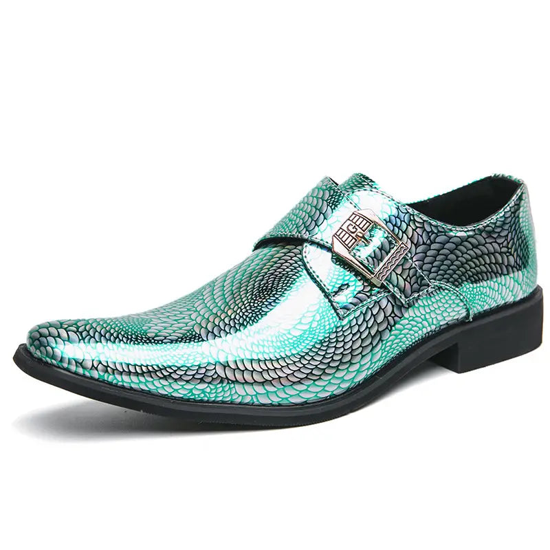 Metallic turquoise dress shoe with snakeskin pattern from Iridescent Patent Metallic Snake Print collection