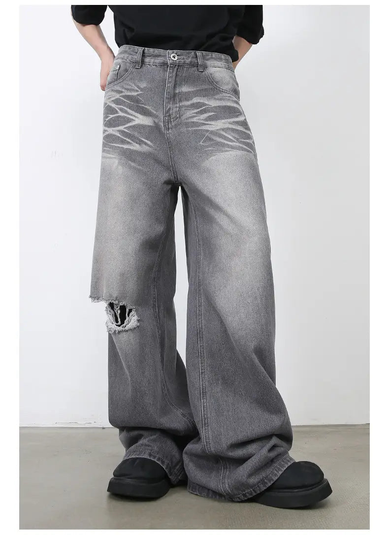 Homme Retro Washed Ripped Straight Loose Wide leg Jeans