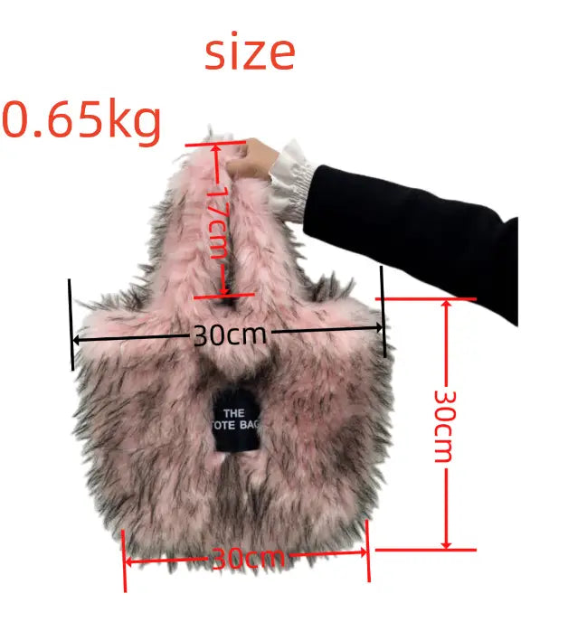 Pink furry handbag with measurements, perfect Rainbow Faux Fur Crossbody Tote Bag.