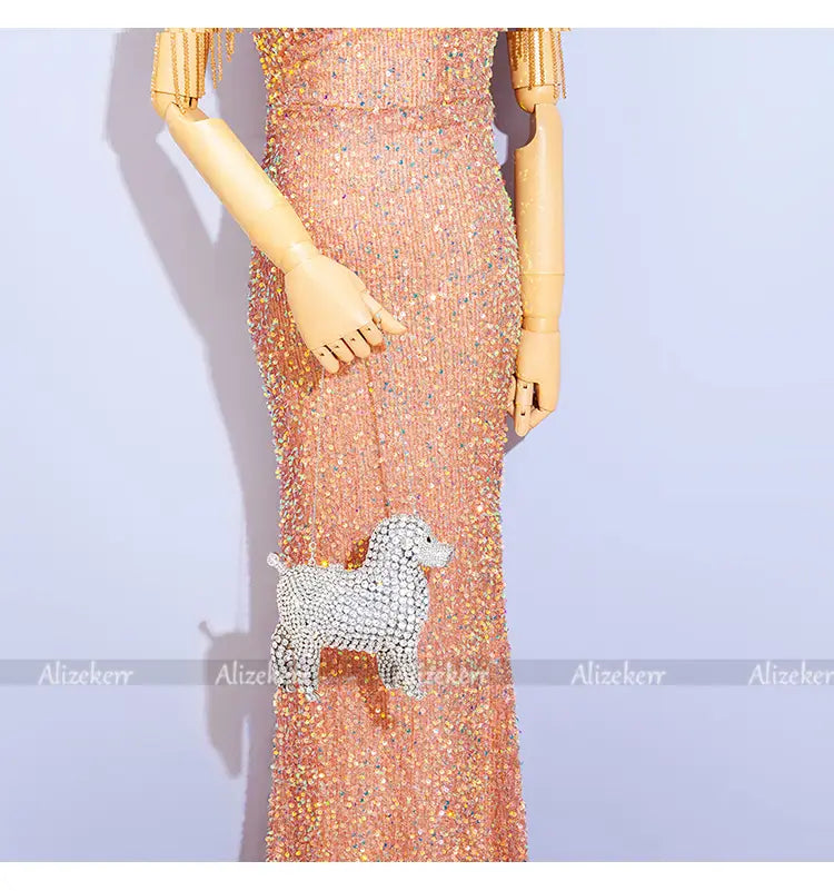 Sparkly pink evening gown with a poodle on a Designer Dog Shaped Crystal Handbag.