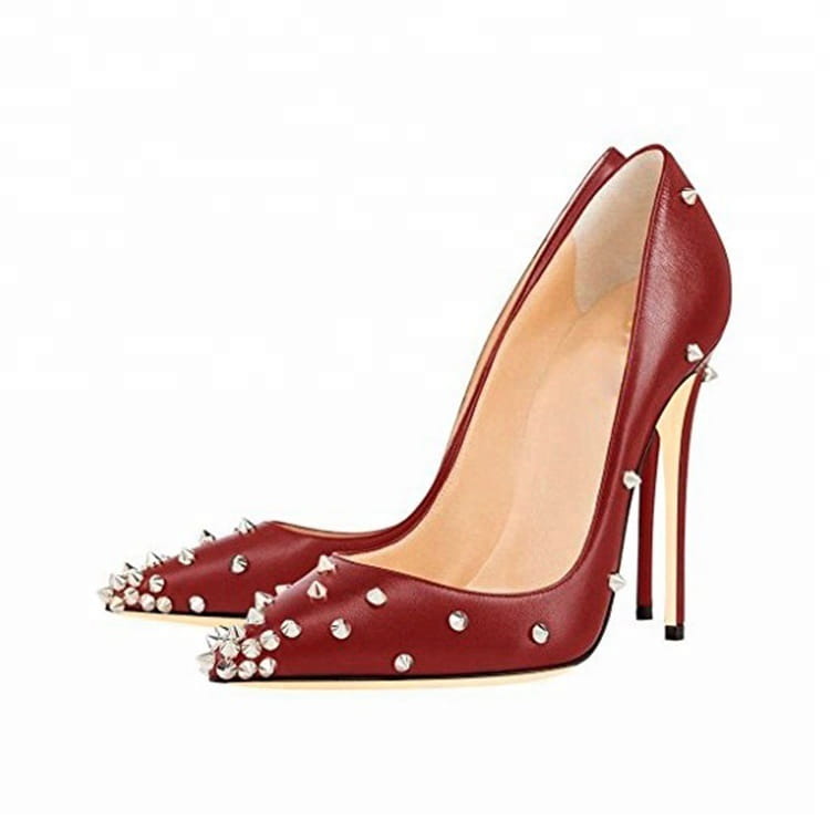 Chic High Pointed Toe Pumps, red leather stilettos with silver studs for trendsetters.