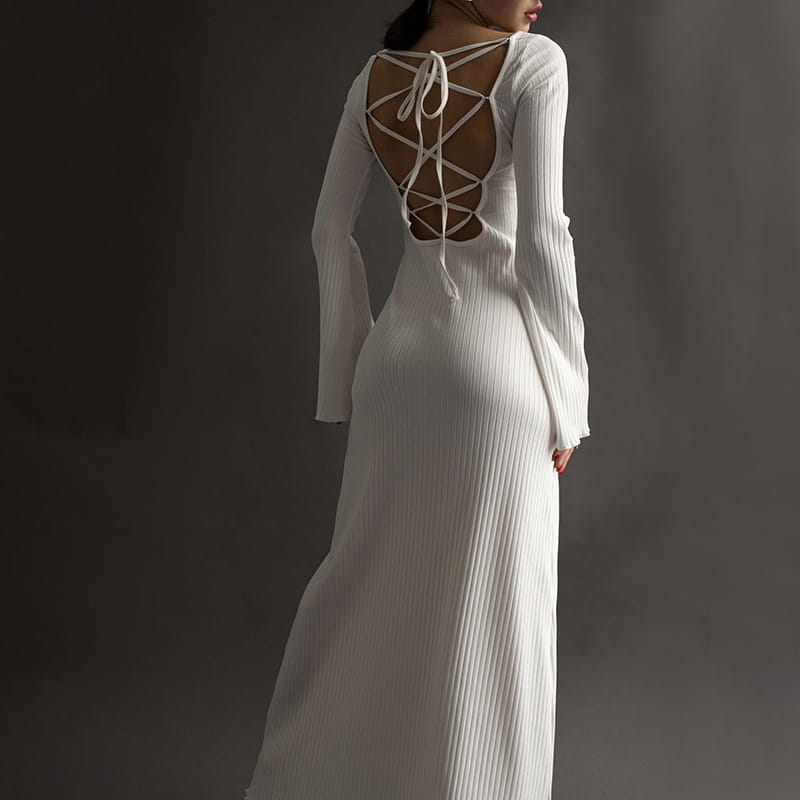 White Ribbed Dress with Flared Sleeves and Backless Lace Up