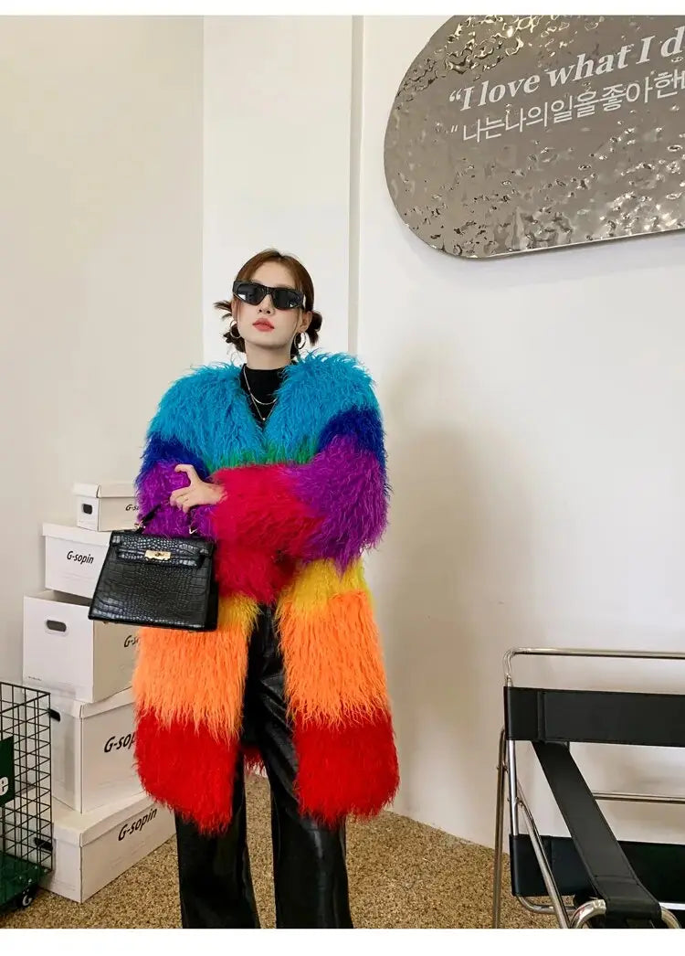 Winter Faux Fur Coat Shaggy Rainbow Outerwear