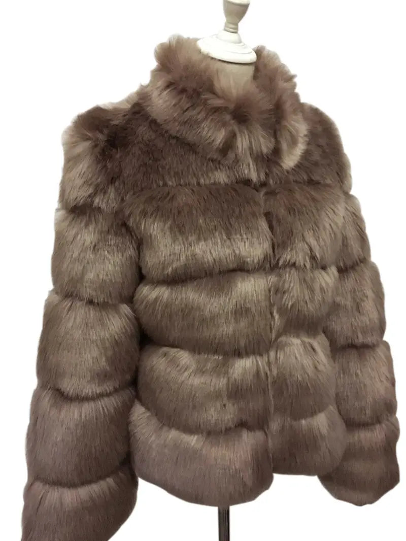 Faux Fox Fur Ladies Slimming and Stand Collar Coat