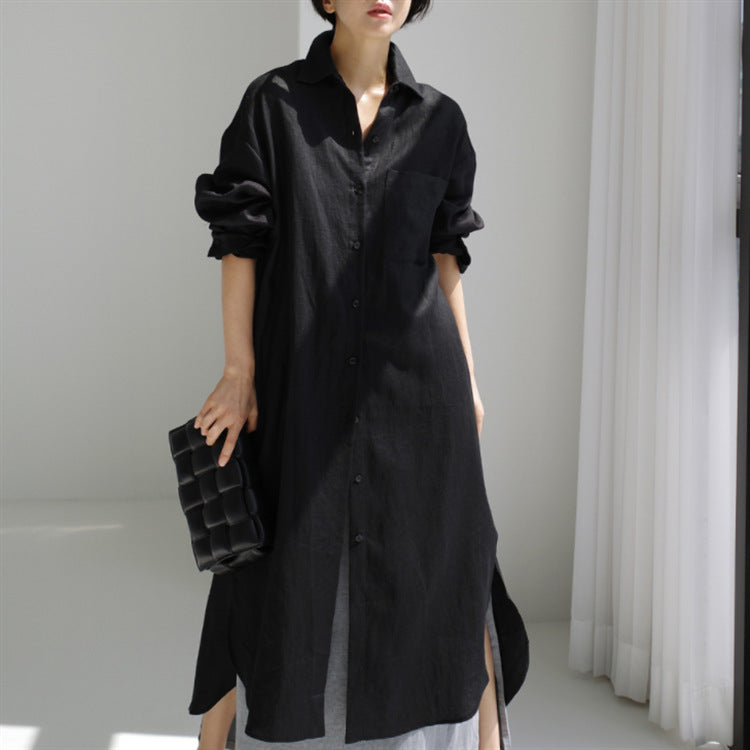 Spring and Autumn shirt dress, knee length slit shirt