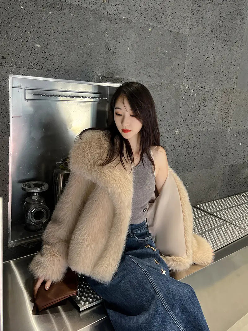 Ladies Large Lapel Fur Coat Elegant Long Sleeve Warm Fur