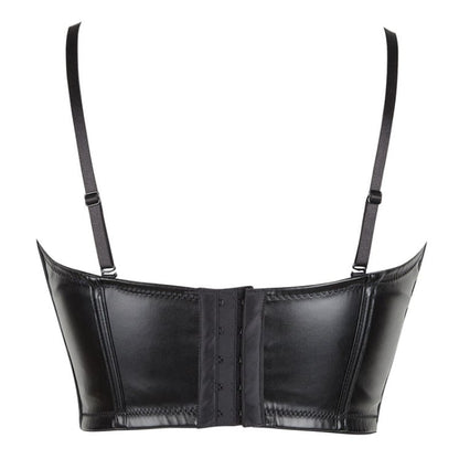 Black leather corset-style bra with adjustable shoulder straps.