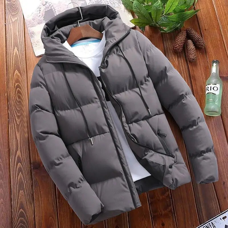 Stylish Gray Men’s Winter Cotton Padded Coat with hood and zipper for ultimate warmth.