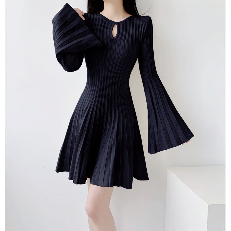 Ladies Bat Wing knitted dress with cinched waist and slimming A-line pleats