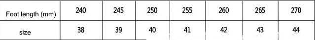 Shoe size conversion chart for White High-top Casual Street Boots with Gold Accents.