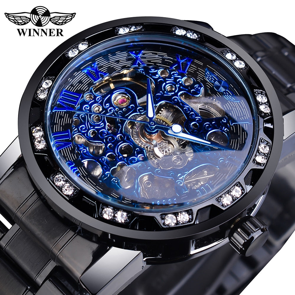 Mens Rhinestone Roman Analog Skeleton Mechanical Stainless Steel Luminous Watch - Pleasures and Sins   Pleasures and Sins