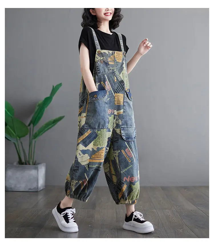 Patchwork denim overalls with colorful pieces for a loose fit retro vibe.