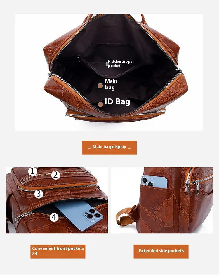 Brown leather handbag with pockets, perfect for a large capacity women’s PU leather backpack.