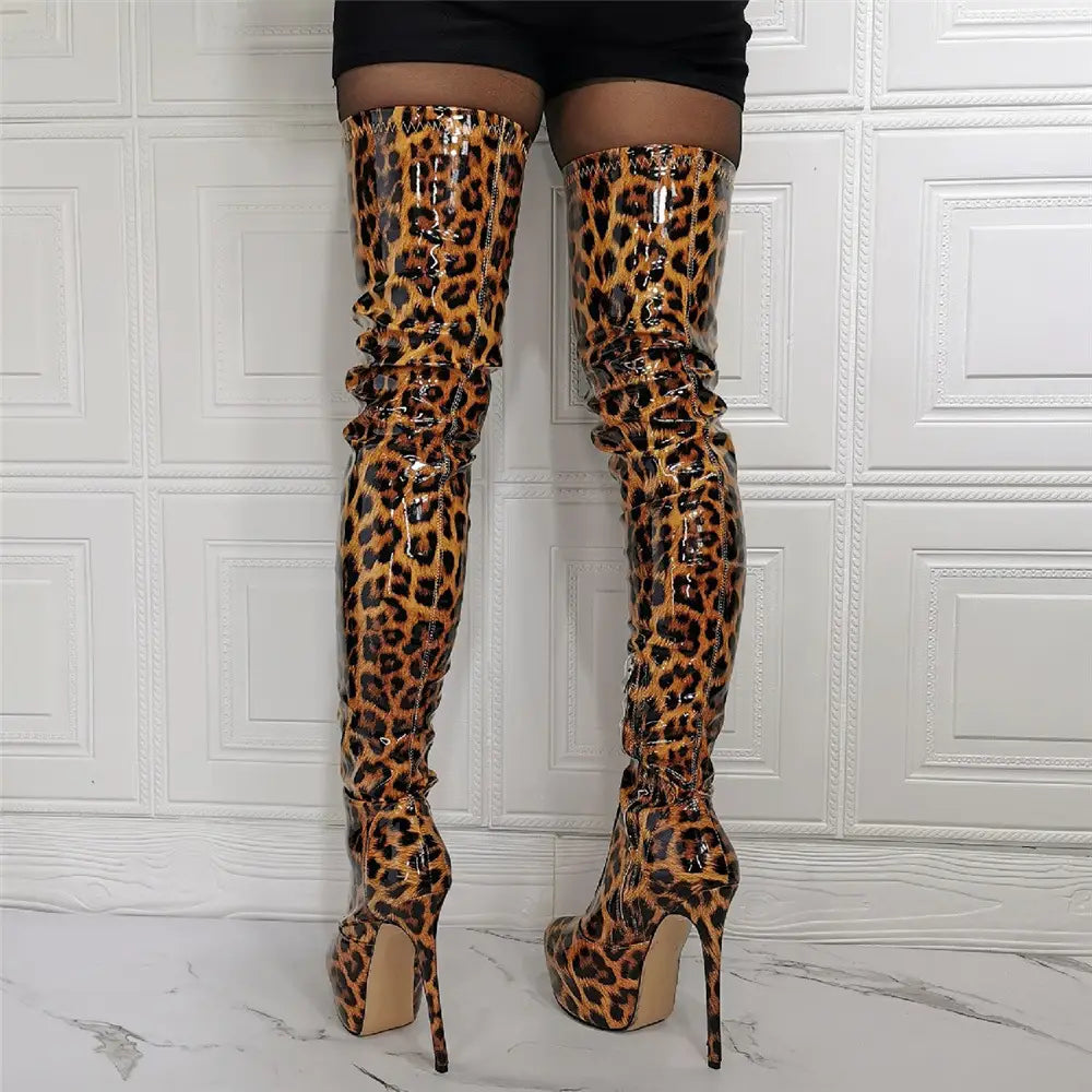 Multi Gender Patent Leopard Print Thigh Length Boots In Plus