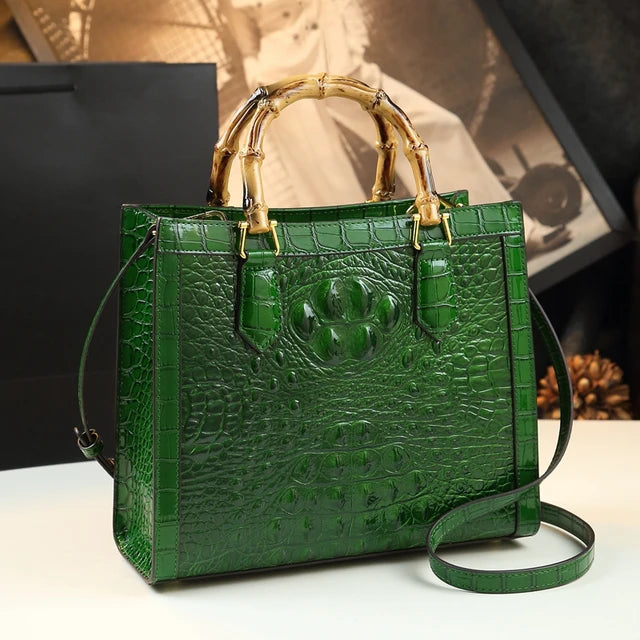 Genuine Leather Bamboo Handle Crocodile Pattern Ladies Handbag - Pleasures and Sins   Pleasures and Sins