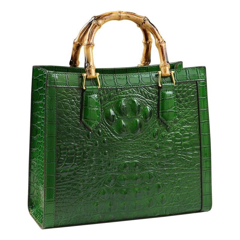 Genuine Leather Bamboo Handle Crocodile Pattern Ladies Handbag - Pleasures and Sins   Pleasures and Sins