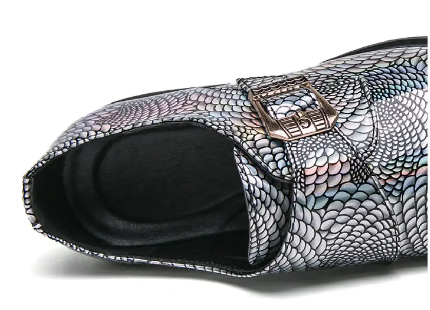 Metallic silver snakeskin print dress shoe with buckle detail for stylish flair.